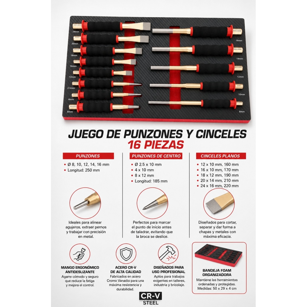 Juego de Punzones & Cinceles 13 Piezas en Bandeja Foam | Cr-V