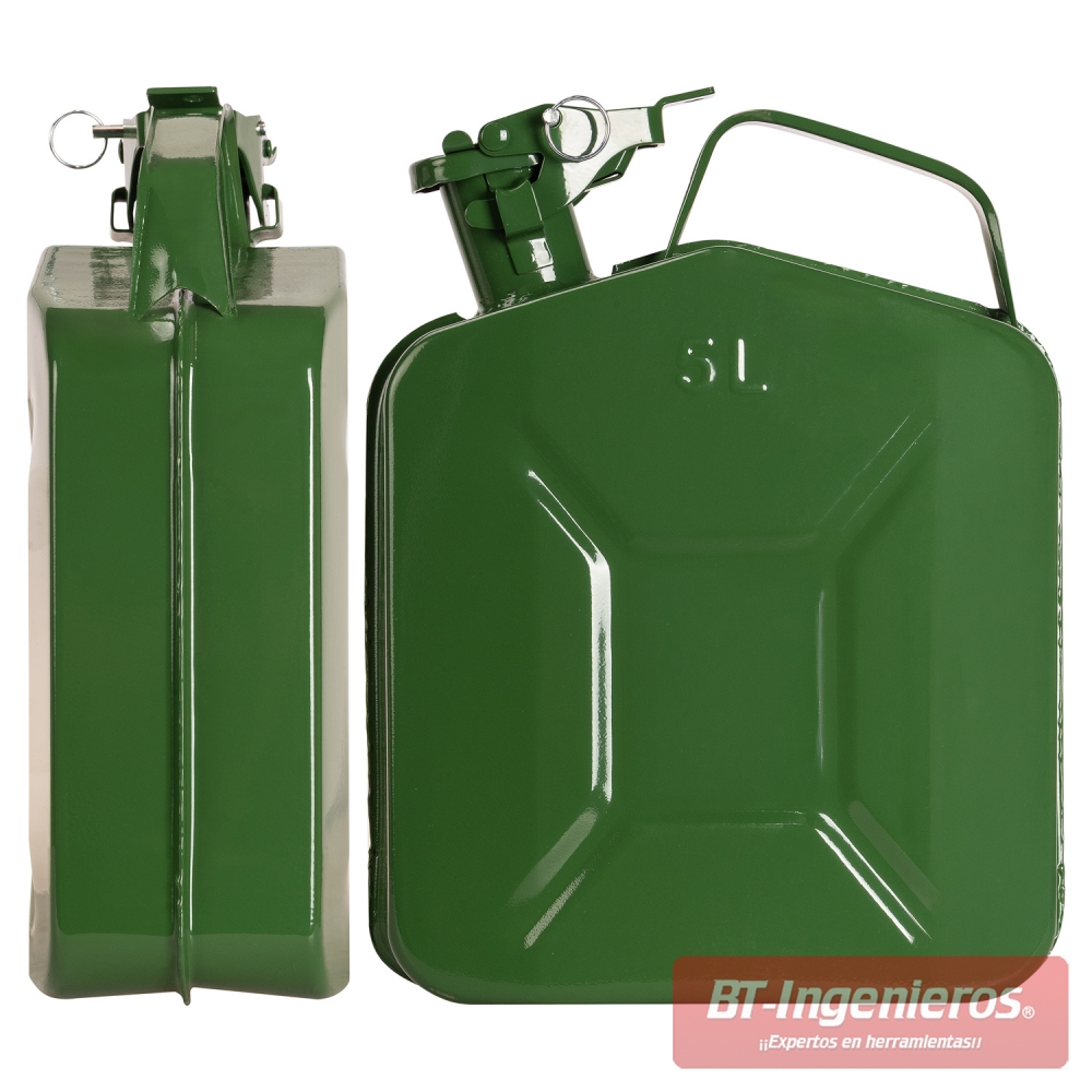 Vistas frontal y lateral del jerrycan de acero de 5 litros, con cuerpo rectangular y marcado 5 L