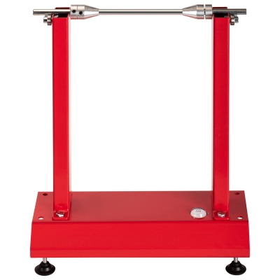Vista frontal de la equilibradora estática de ruedas de moto, con eje, conos, nivel y estructura metálica roja