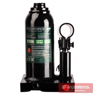Vista frontal del gato hidráulico de botella RockForce T90204 de 2 toneladas y altura mínima de 15 cm