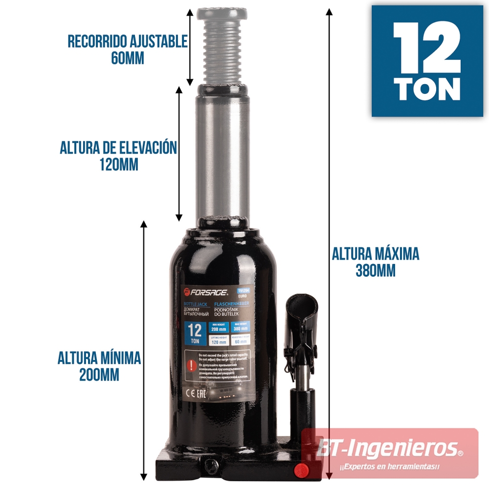 Gráfico de alturas del gato hidráulico de botella de 12 toneladas con mínimo de 20 cm y máximo de 38 cm