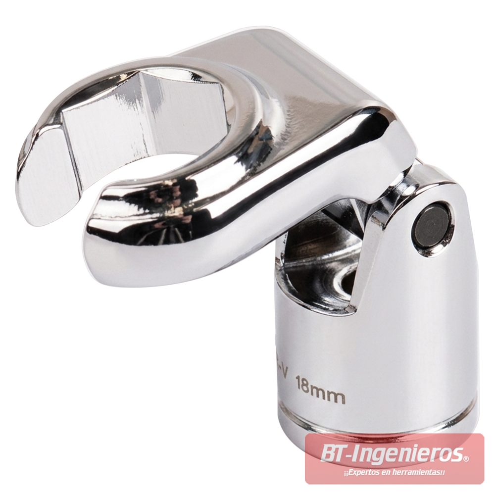 Detalle del cabezal articulado abierto de 18 mm con cuadradillo de conexión de 3/8"