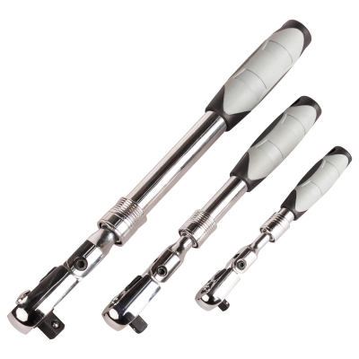 Tres carracas articuladas de 1/4", 3/8" y 1/2" mostradas con diferentes longitudes de mango