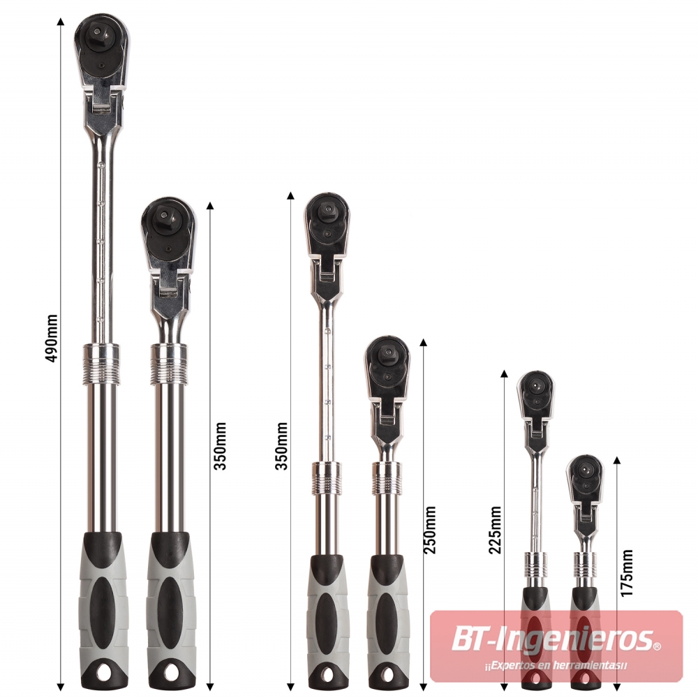 Gráfico de longitudes regulables de las carracas extensibles de 1/4", 3/8" y 1/2"