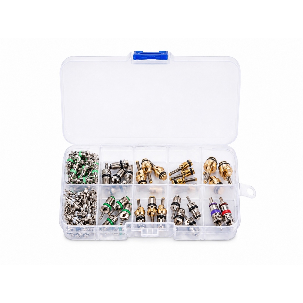 Caja compartimentada con núcleos de válvula 5V1, 8V1, M6, M8 y M10 para sistemas de climatización.