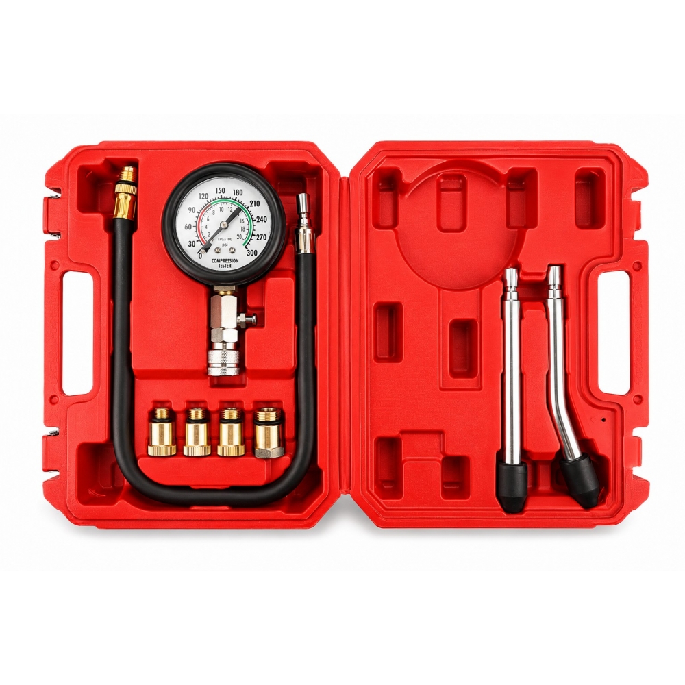 Kit de comprobación de compresión para gasolina de 8 piezas con manguera, adaptadores y tubos de goma.