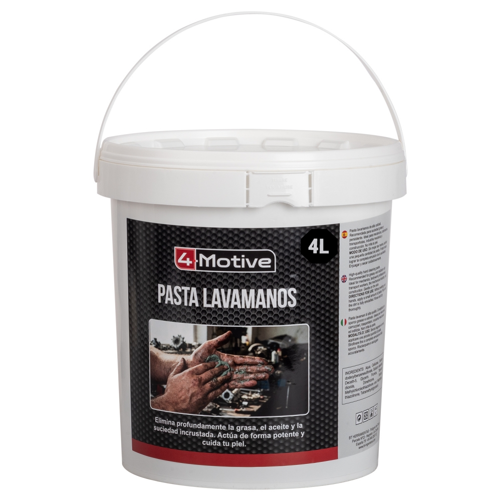Cubo de pasta lavamanos profesional 4-Motive de 4 L con etiqueta frontal, tapa y asa metálica