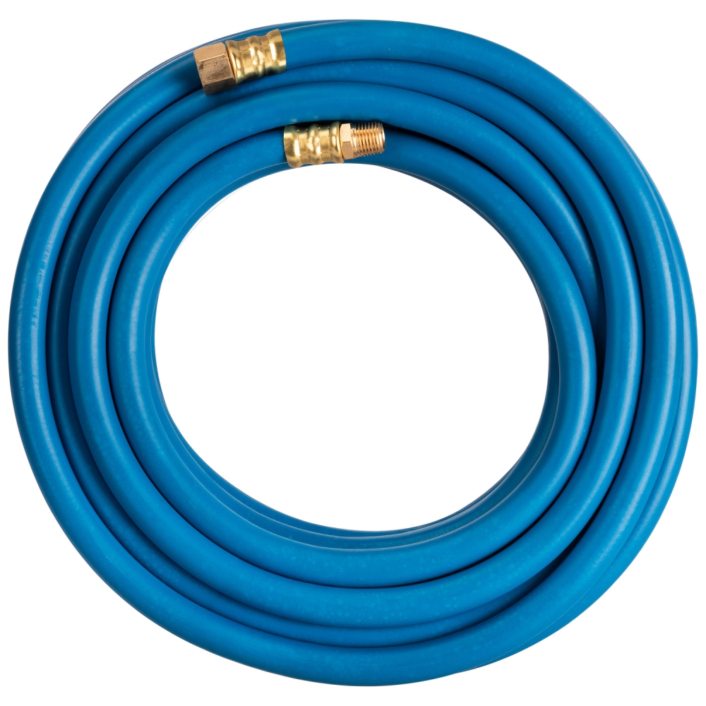 Manguera neumática profesional azul de 10 m enrollada, con terminales roscados macho y hembra BSP de 1/4"