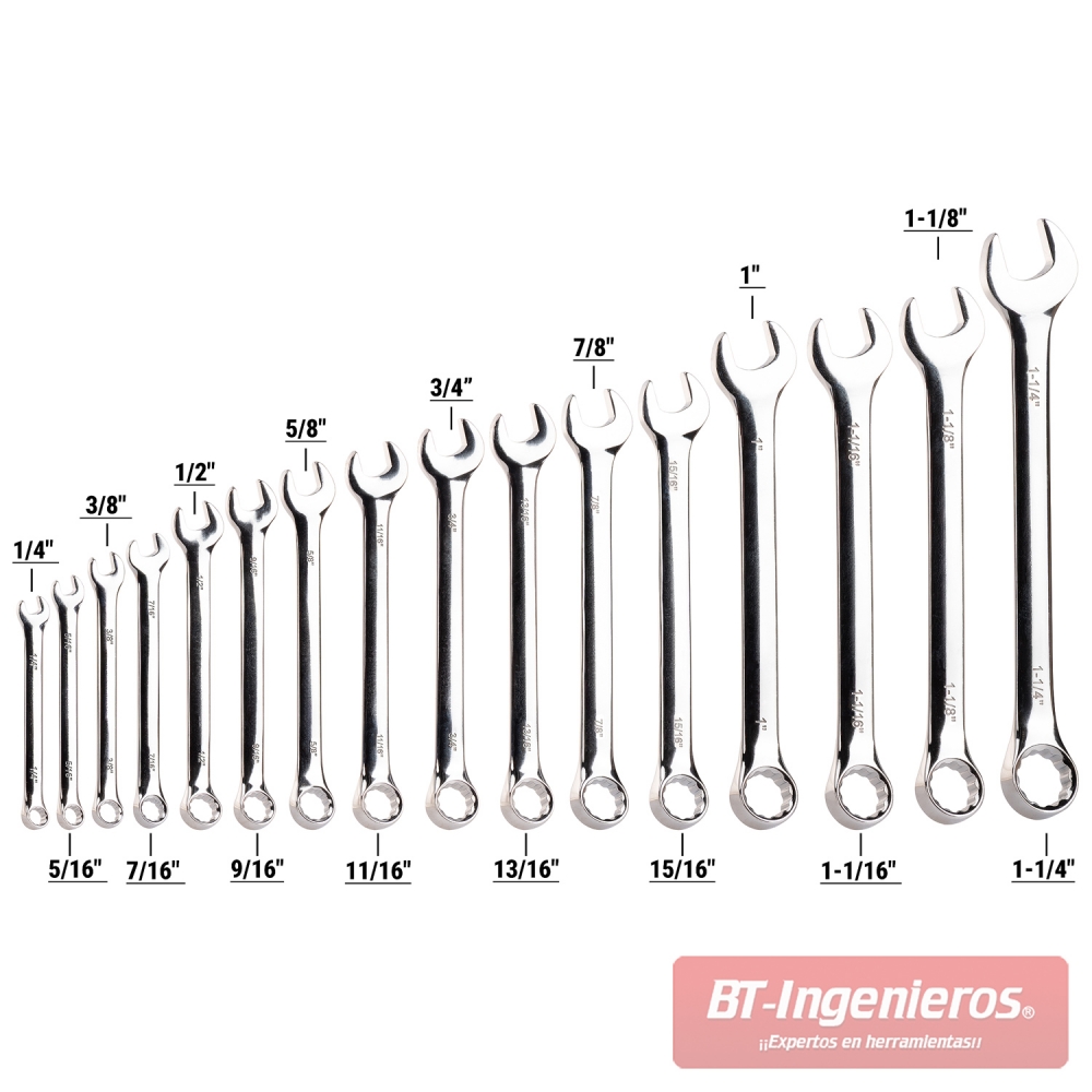 Infografía del juego de 16 llaves combinadas en pulgadas con medidas de 1/4" a 1-1/4"