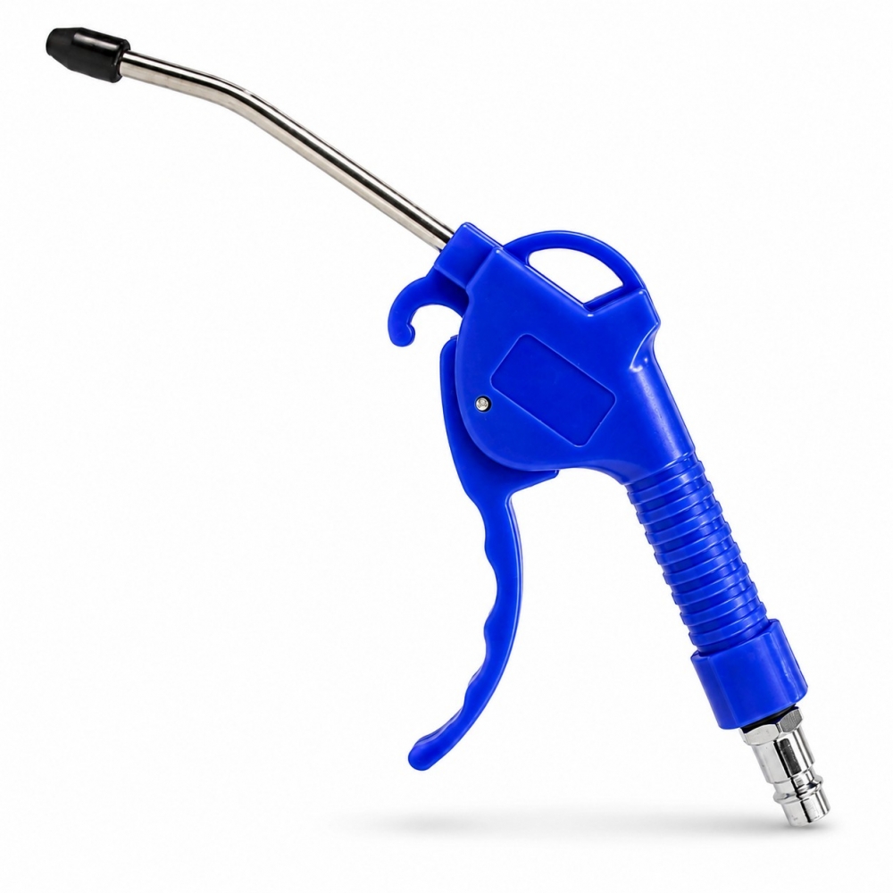 Pistola sopladora de aire comprimido con mango ergonómico azul, gatillo y boquilla metálica corta.