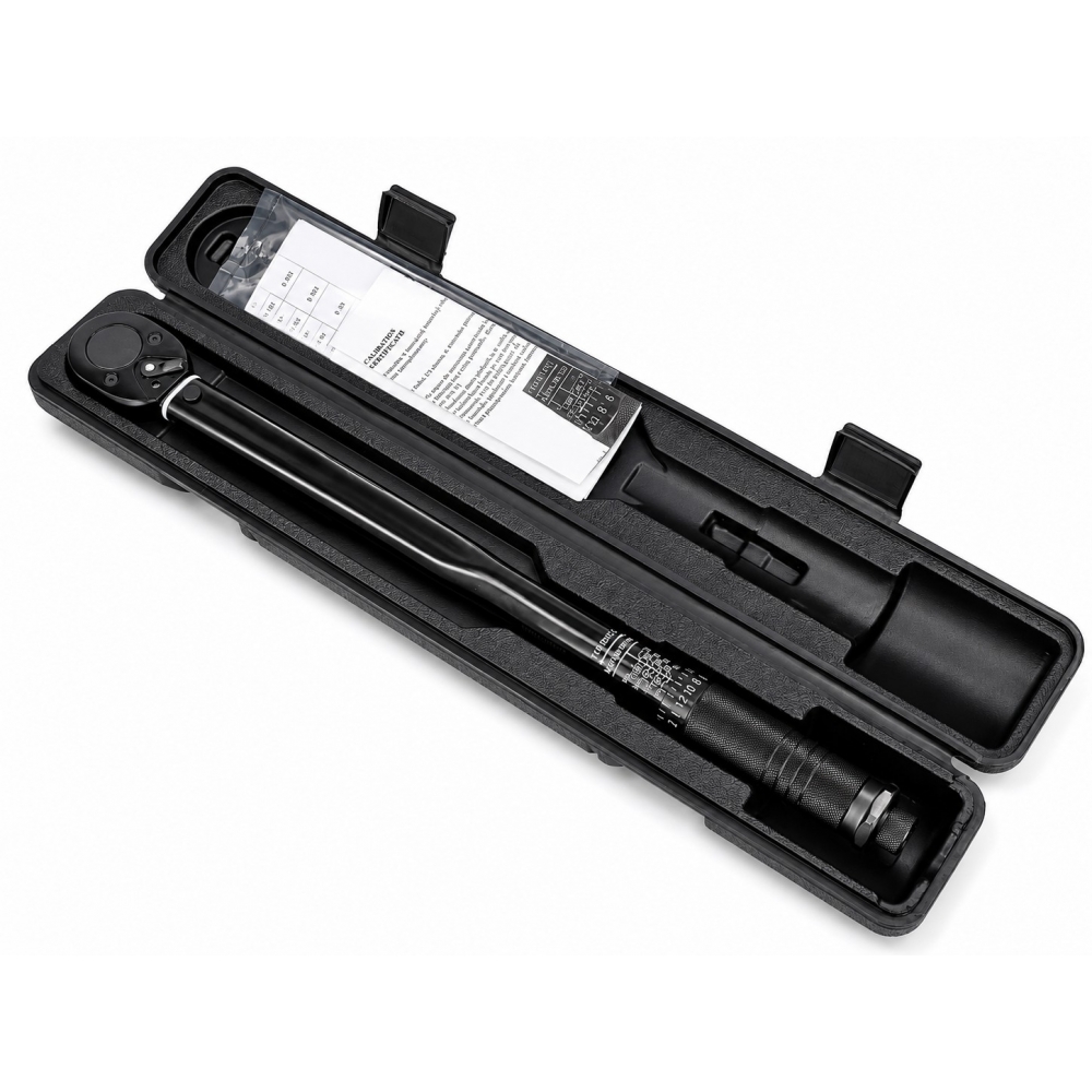 Estuche abierto con llave dinamométrica de 28 a 210 Nm, manual y certificado individual de calibración.
