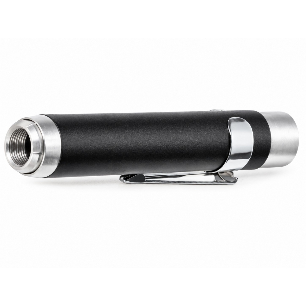 Soporte de aluminio para marcadores de neumáticos de 11 a 13 mm con cuerpo negro y clip metálico.