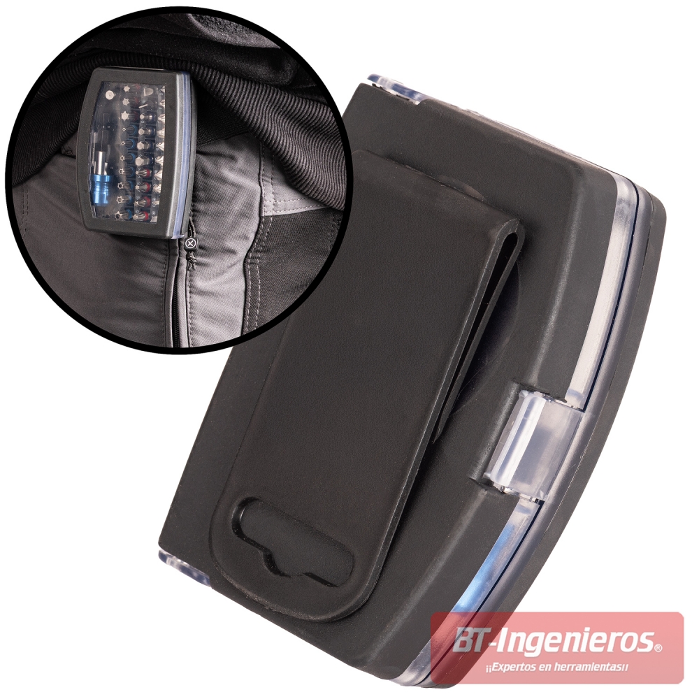 Parte posterior del estuche de puntas de atornillar con clip para bolsillo o cinturón