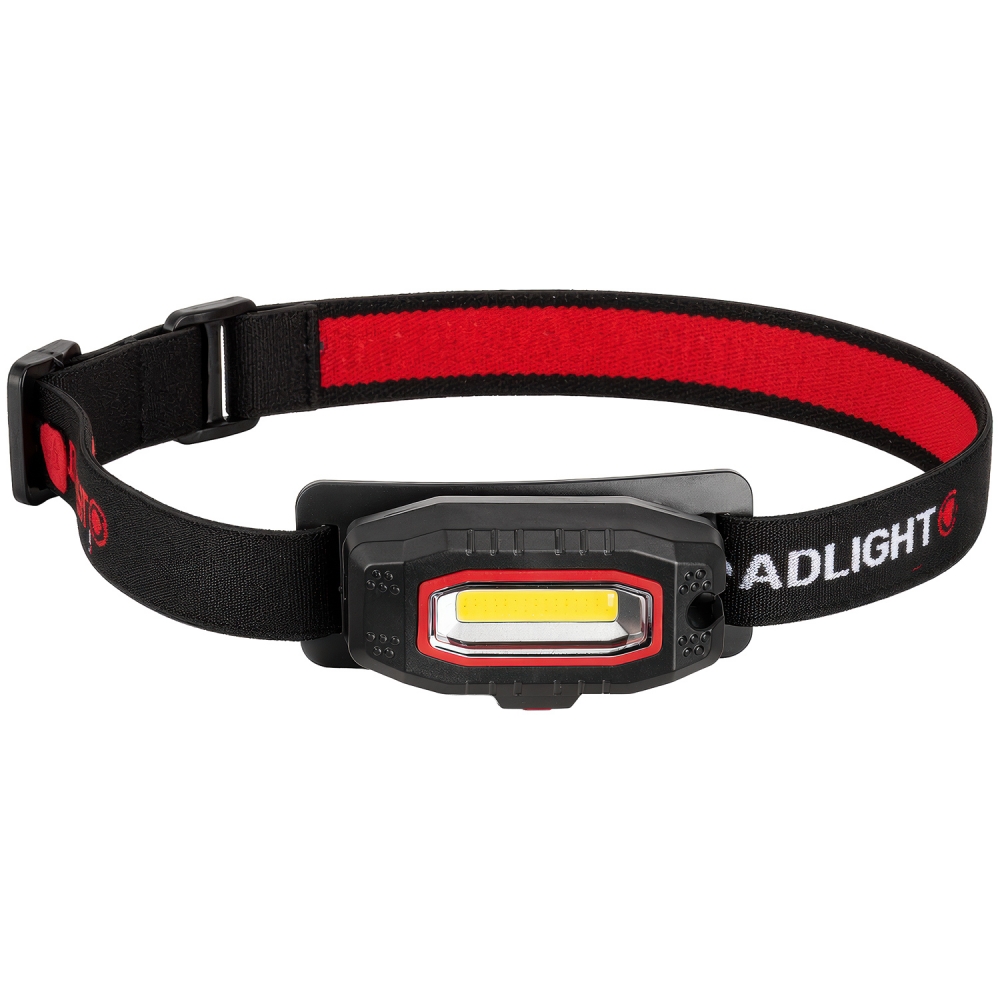 Linterna frontal LED COB orientable con cinta elástica ajustable y clip integrado