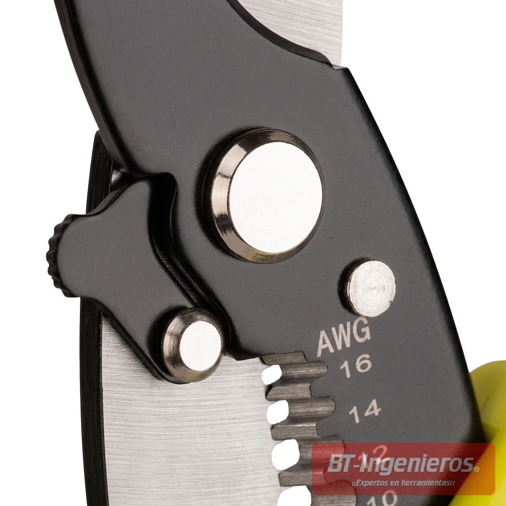 Detalle de articulación y ranuras AWG del alicate pelacables