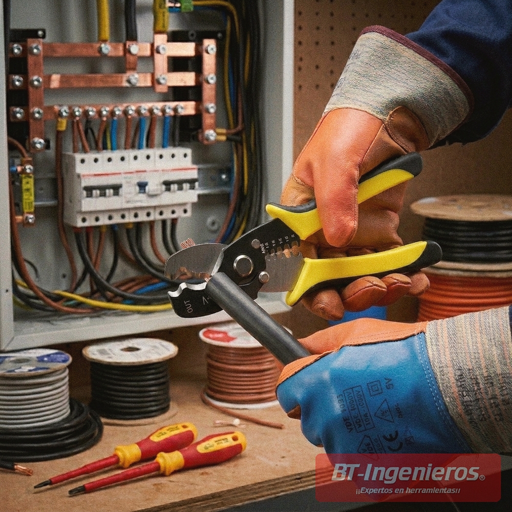 Alicate cortacables y pelacables utilizado sobre cable eléctrico