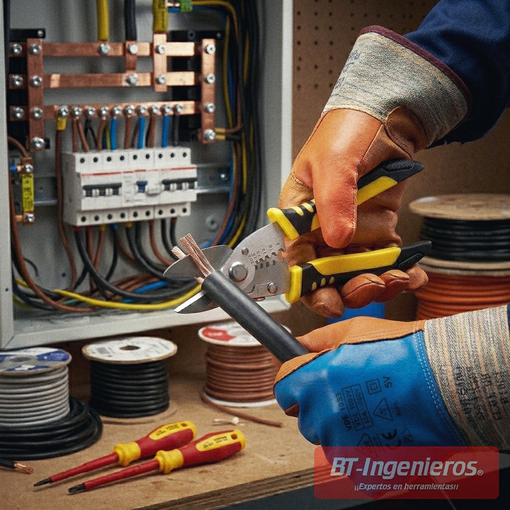Alicate cortacables y pelacables utilizado sobre cable en instalación eléctrica