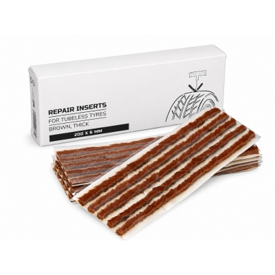 Caja con 25 mechas marrones para reparación de neumáticos tubeless de 200 x 6 mm.