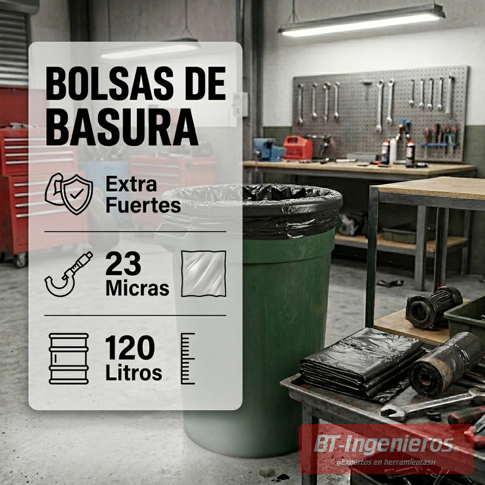 Bolsas de basura 120 litros y 23 micras para uso profesional en taller