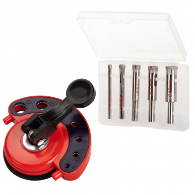 Set de coronas diamantadas 4–12 mm con guía de ventosa para vidrio, cerámica y mármol.