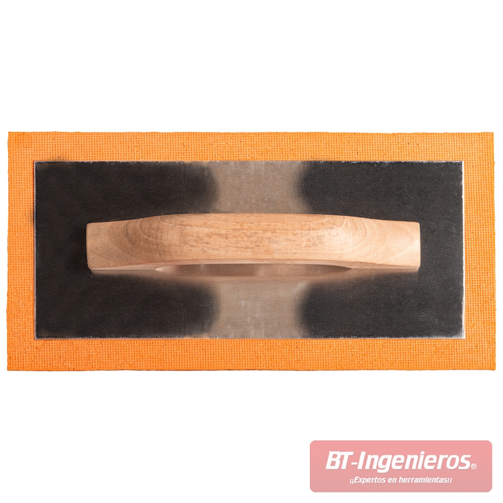 Vista superior de la talocha de esponja fina con mango de madera, placa metálica de respaldo y base naranja.