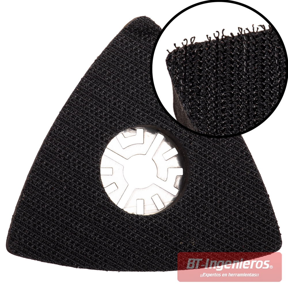 Base triangular de lijado de 7,8 x 7,8 x 7,8 cm con superficie de fijación para las hojas abrasivas incluidas.