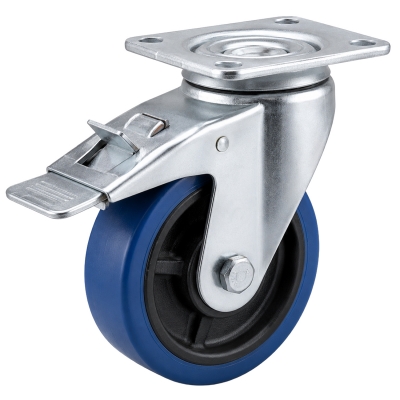 Rueda de goma azul 10 cm con placa y freno para carro