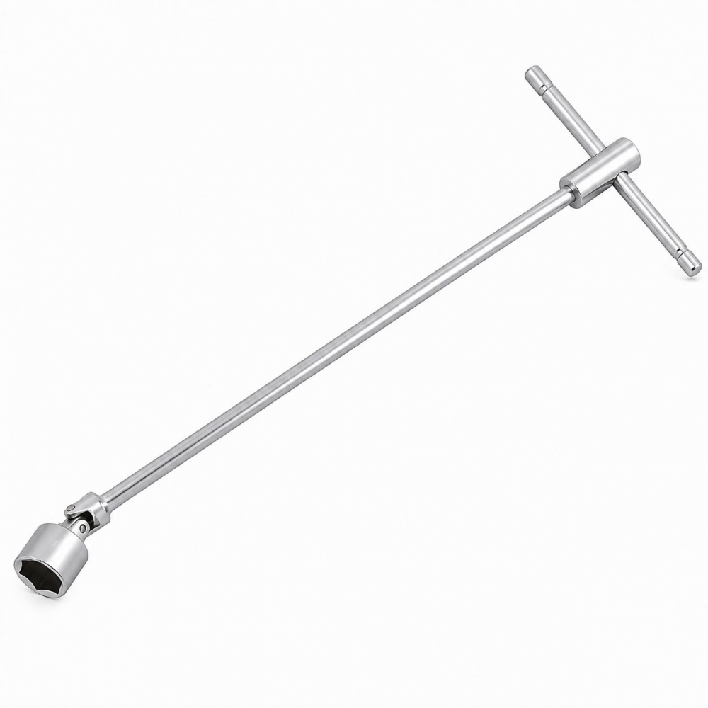 Llave en T articulada 22 mm completa con vástago largo y mango deslizante sobre fondo blanco