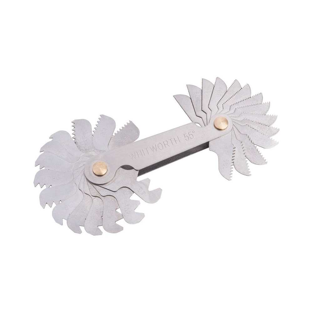 Galga plegable de roscas en pulgadas Whitworth 55° con hojas dentadas marcadas sobre fondo blanco