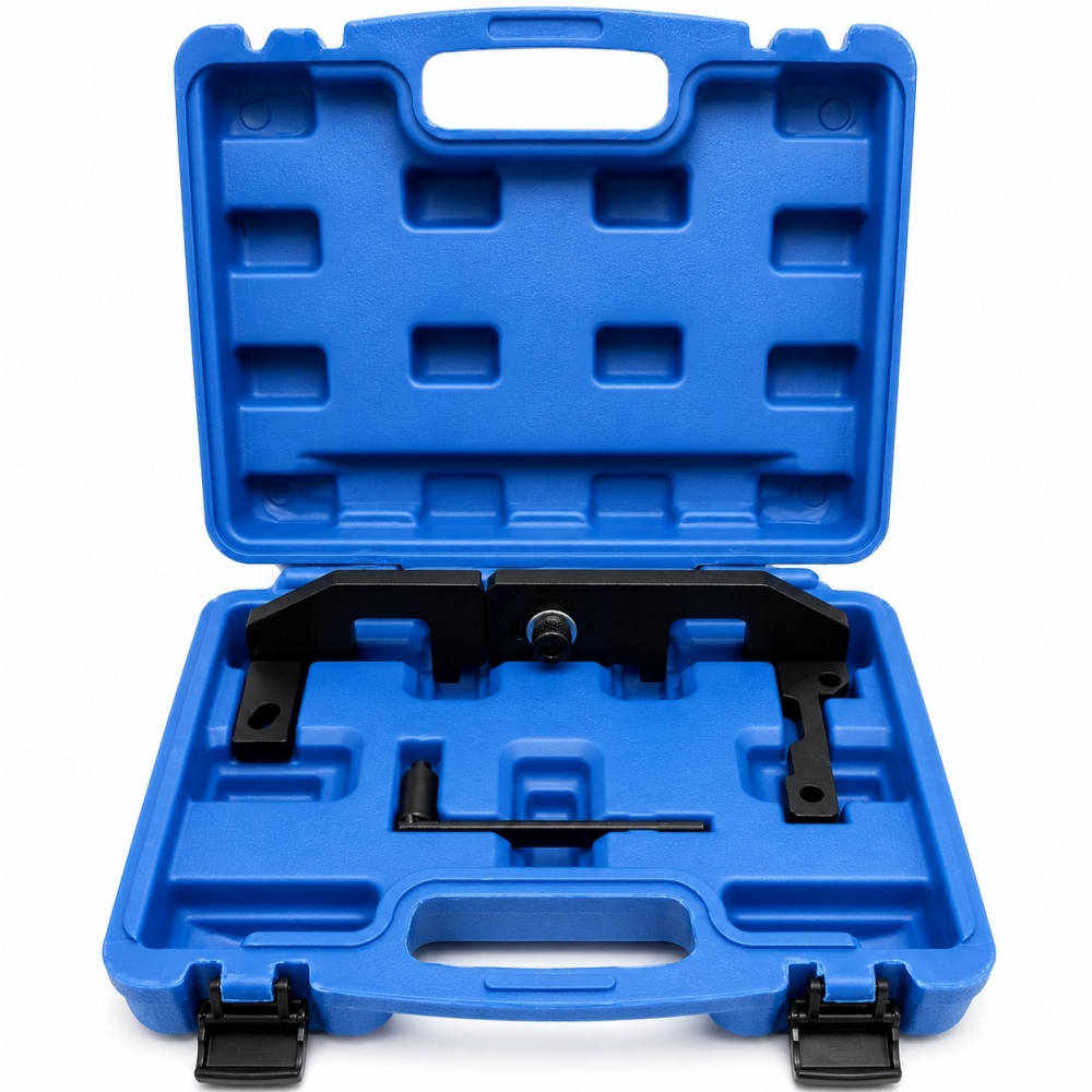 Kit de calado Citroën Peugeot 1.0 y 1.2 VTi con herramienta de bloqueo en maletín azul.