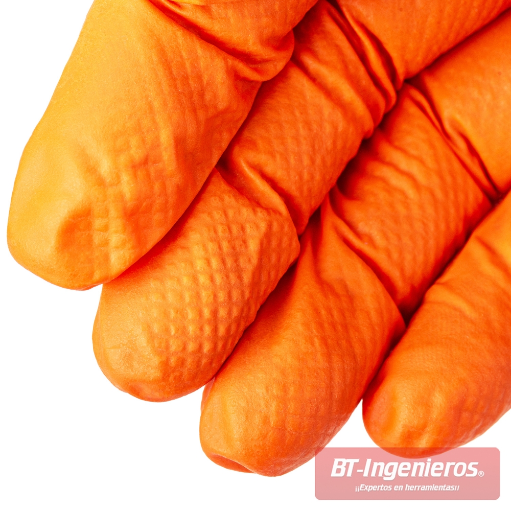 Detalle textura diamantada guantes nitrilo naranja talla S
