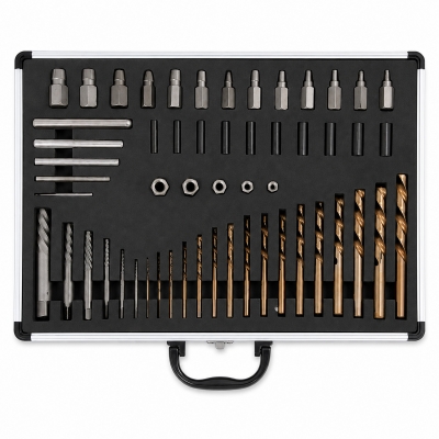 Juego extractor de tornillos dañados con brocas HSS a izquierdas y guías