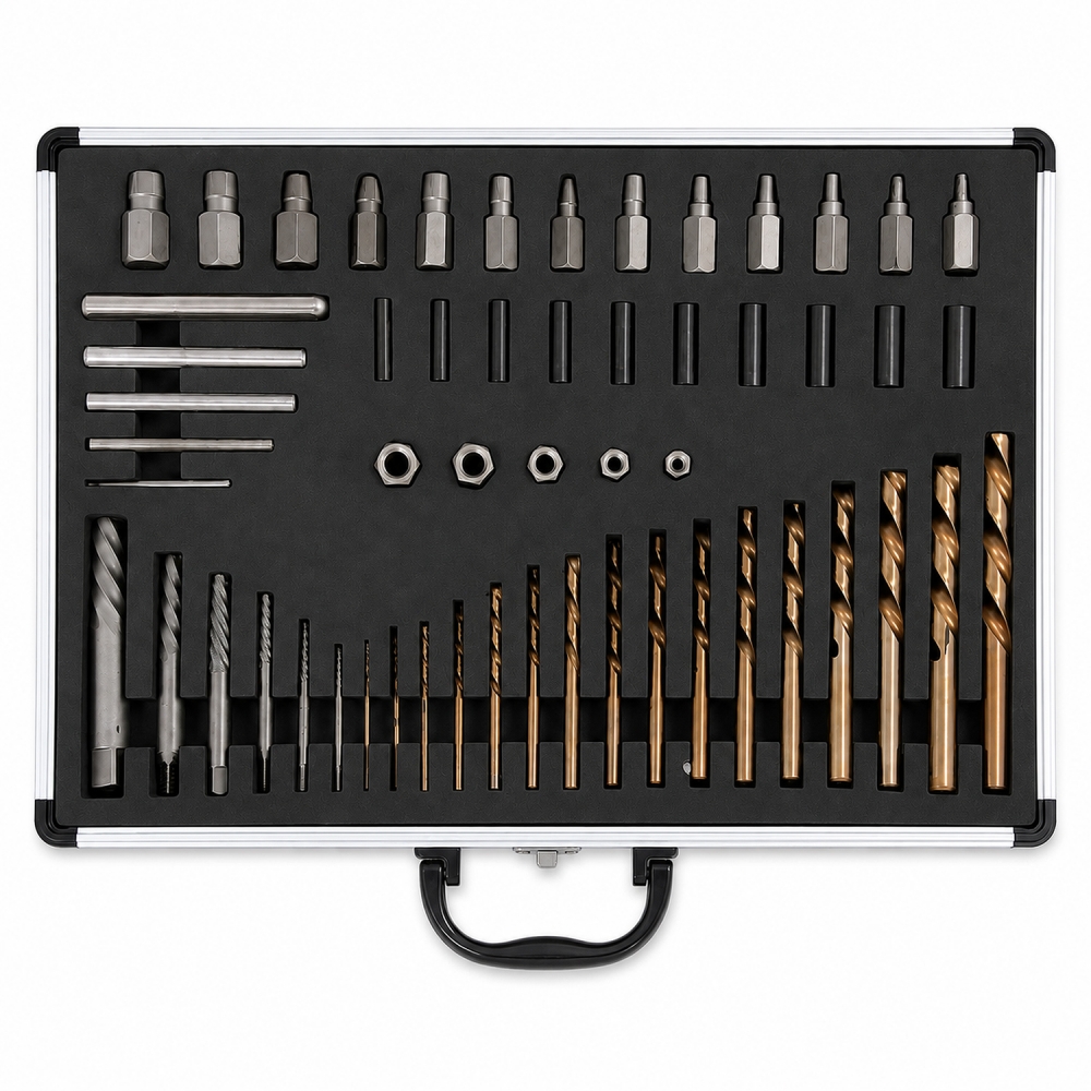 Juego extractor de tornillos dañados con brocas HSS a izquierdas y guías