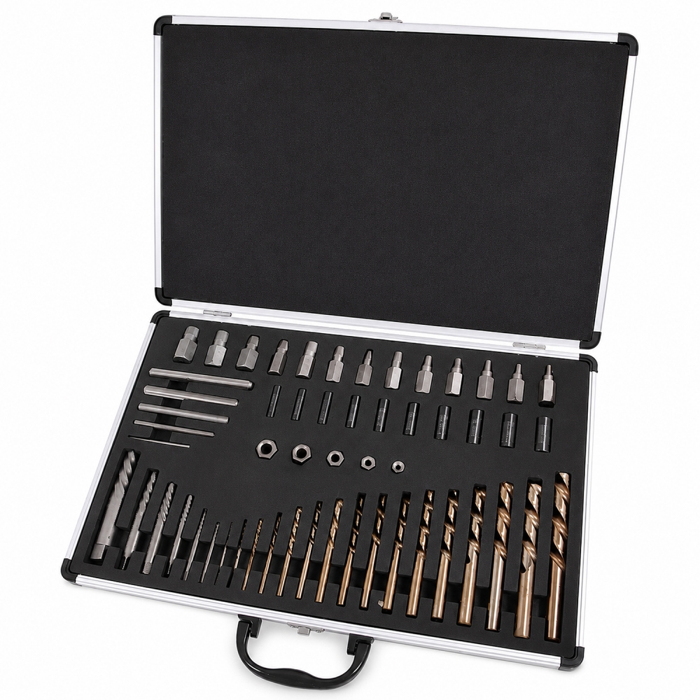 Kit extractor de tornillos rotos 55 piezas con brocas HSS y maletín