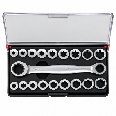 Juego de vasos pasantes E-Torx y hexagonales 19 piezas