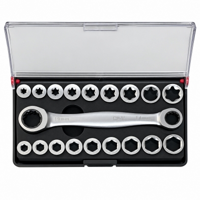 Juego de vasos pasantes E-Torx y hexagonales 19 piezas