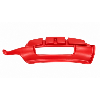 Protector rojo de llanta para desmontadora de neumáticos con forma curva y abertura central.