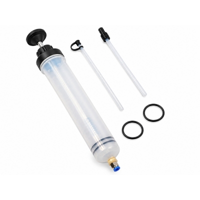 Jeringa extractora de fluidos 500 ml desmontada con cilindro transparente, pistón y conexión inferior.