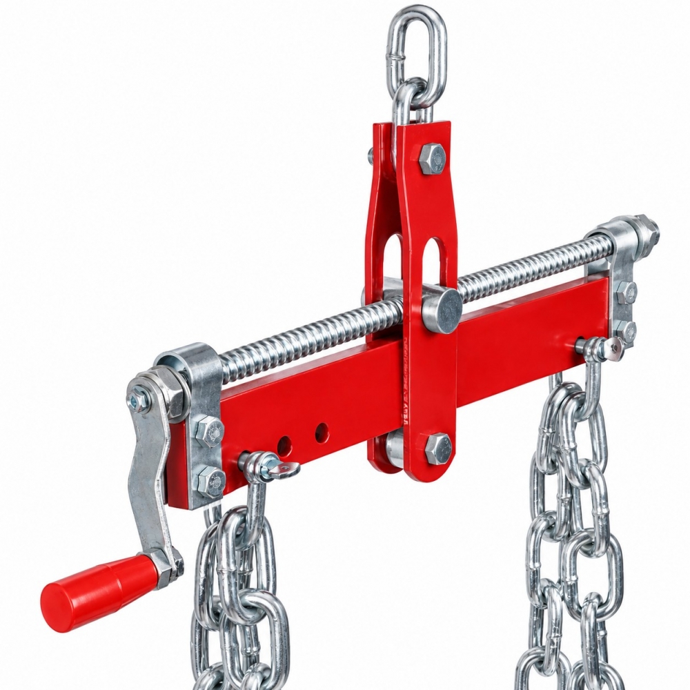 Detalle del husillo roscado y soporte central del nivelador de cargas con cadenas para motor