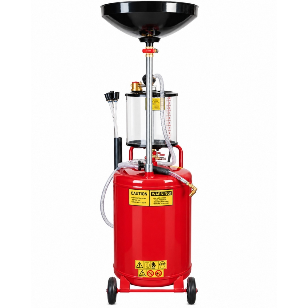 Extractor de aceite usado con depósito rojo, mangueras transparentes y bandeja superior negra.