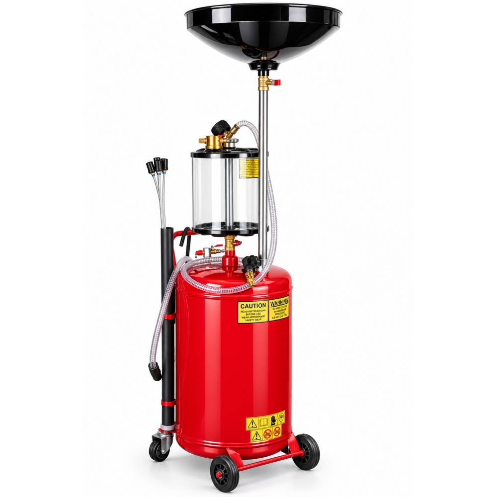 Extractor de aceite usado con depósito rojo, mangueras transparentes y bandeja superior negra.