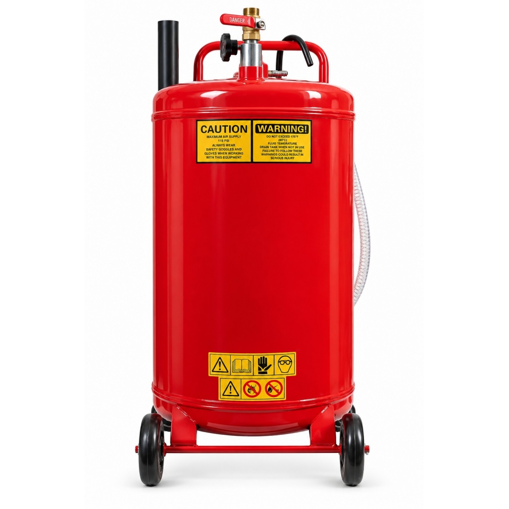 Depósito principal rojo de 80 L del drenador de aceite usado con ruedas y etiquetas de seguridad.