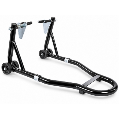 Caballete trasero para moto con estructura tubular negra, ruedas dobles y apoyo regulable.