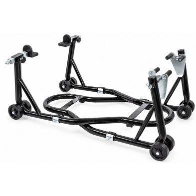 Caballetes para moto con adaptadores incluidos para rueda delantera y trasera.