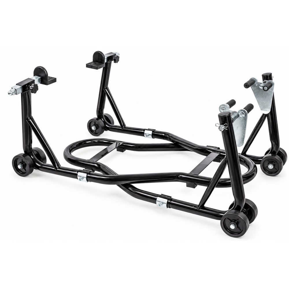 Caballetes para moto con adaptadores incluidos para rueda delantera y trasera.