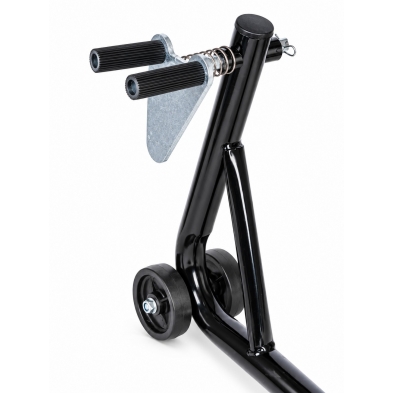 Caballete para moto con apoyo de goma ajustable para trabajos de mantenimiento.