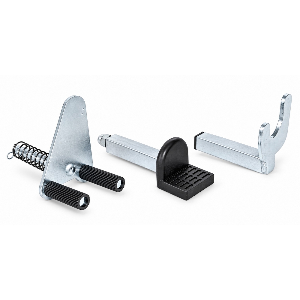 Adaptador tipo horquilla para caballete de moto con soporte metálico regulable.