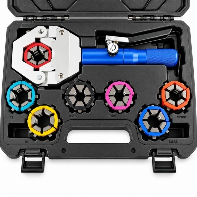 Prensadora hidráulica manual para mangueras A/C con mango azul y matriz de crimpado.