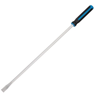 Palanca recta de 915 mm con barra metálica larga, punta plana tipo cincel y mango negro y azul