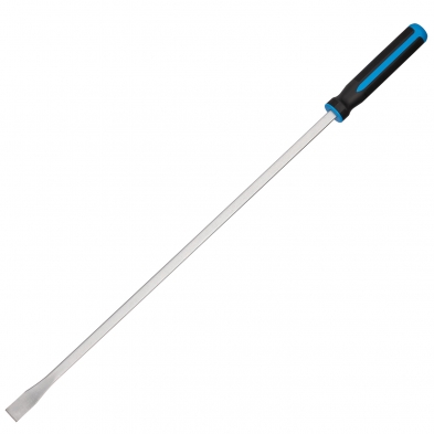 Palanca recta de 915 mm con barra metálica larga, punta plana tipo cincel y mango negro y azul